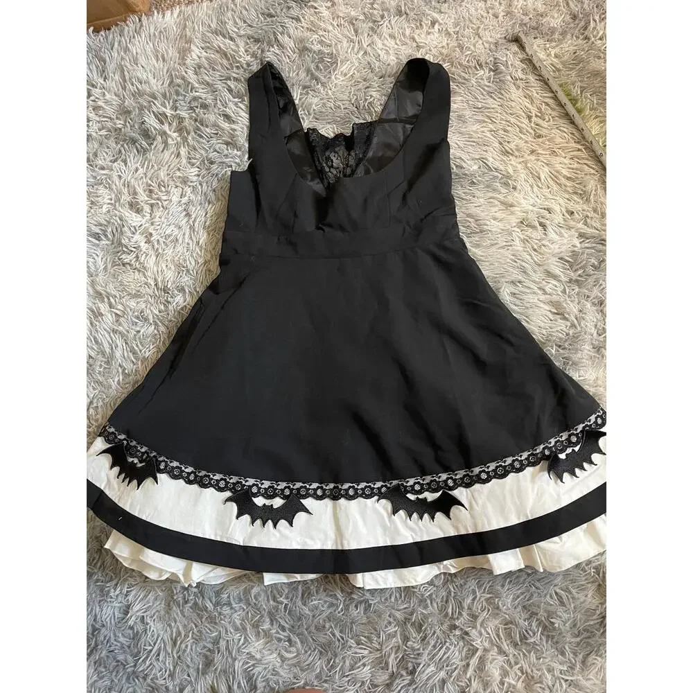 Womens Dress Medium Black White Goth Core Halloween Bat Applique Lolita Cosplay - Picture 3 of 9